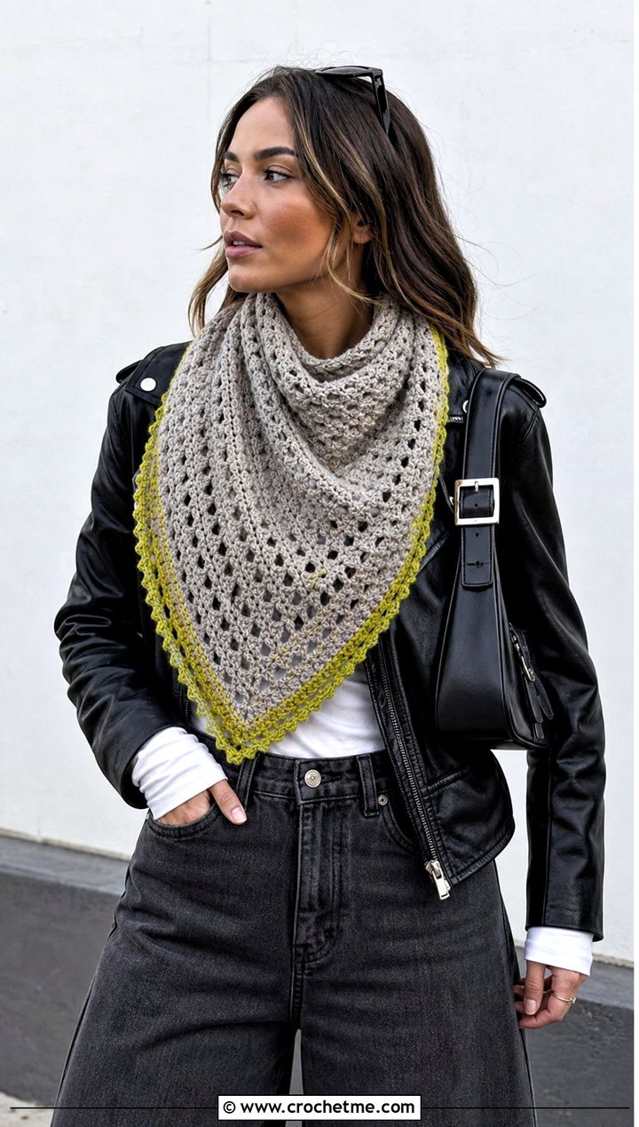 Stone Triangle Crochet Scarf With Leather Jacket - 15 neutral tone crochet scarf outfit ideas