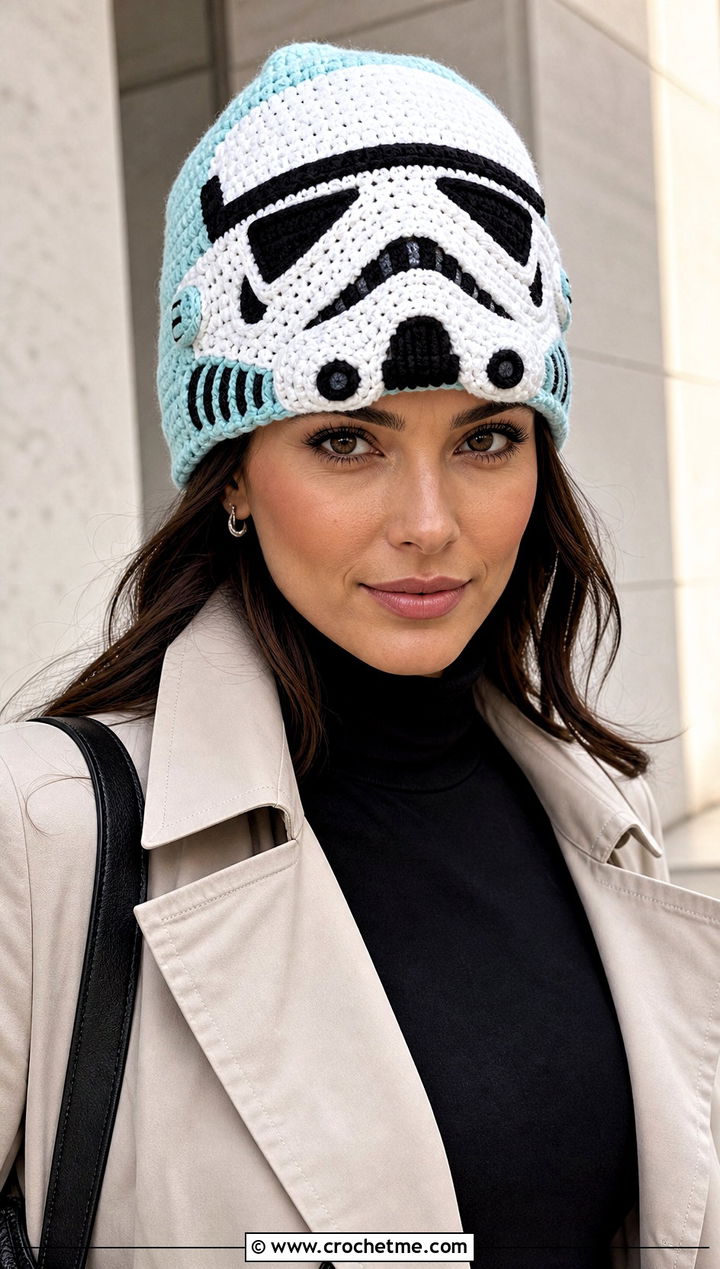 Stormtrooper Beanie With Trench Coat - 15 Star Wars Crochet Hat outfit ideas