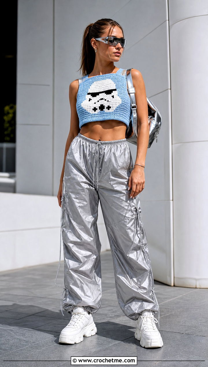 Stormtrooper Crochet Crop Top With Parachute Pants - 25 Star Wars Crochet Clothes and outfit ideas