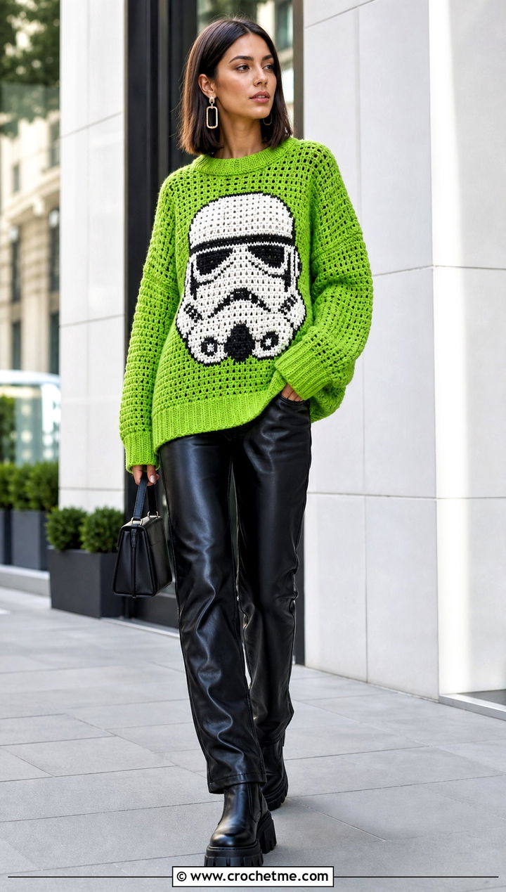 Stormtrooper Drop Shoulder Crochet Sweater With Leather Pants - 20 Star Wars Crochet Sweater outfit ideas