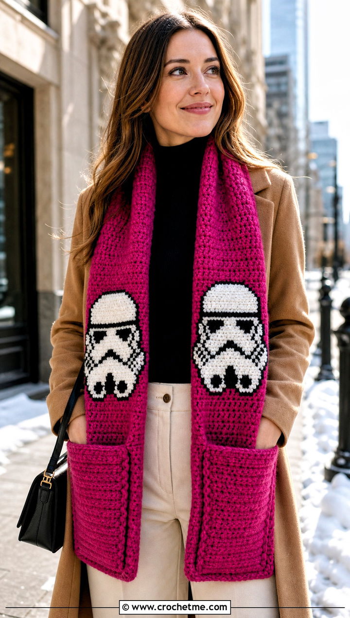 Stormtrooper Pocket Scarf With Wool Coat - 15 Crochet Star Wars Scarf outfit ideas