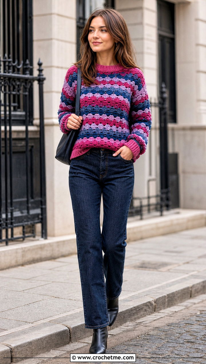 Stormy Seas Shell Stitch Crochet Sweater With Dark Wash Denim - 25 Shell Stitch Crochet Sweater outfit ideas