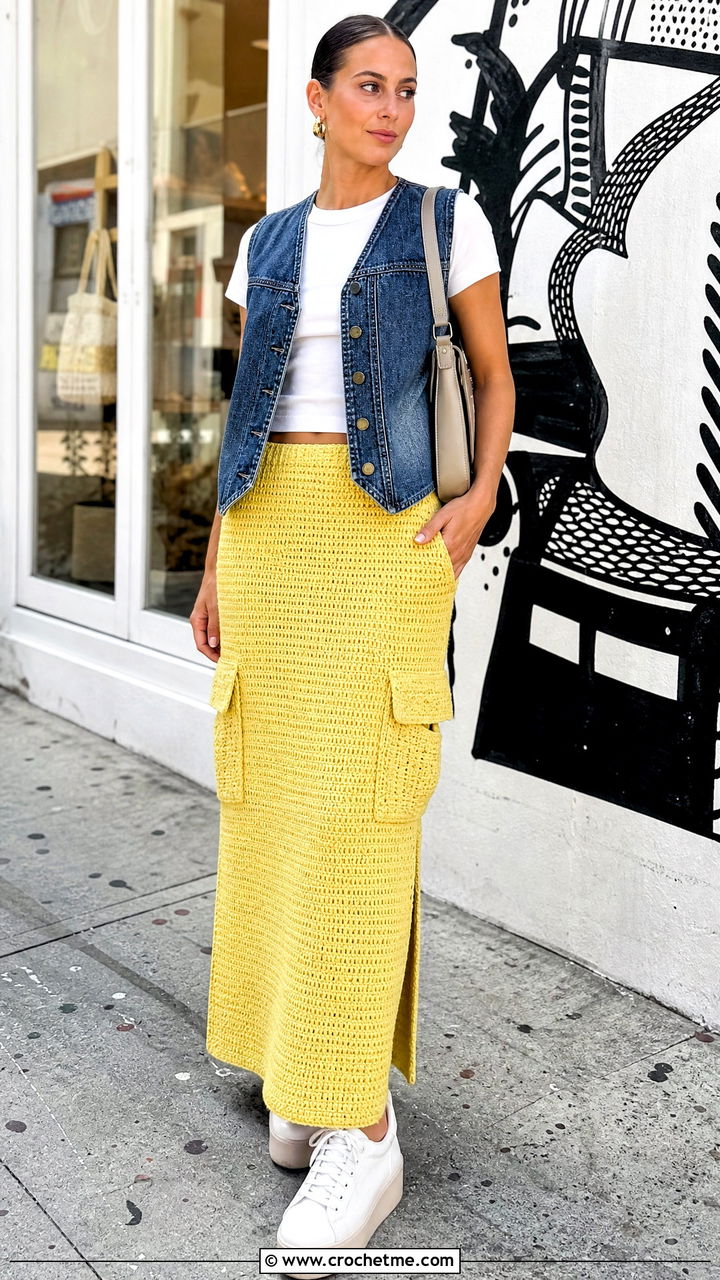 Straight Crochet Cargo Skirt With Denim Vest - 35 crochet cargo skirt outfit ideas