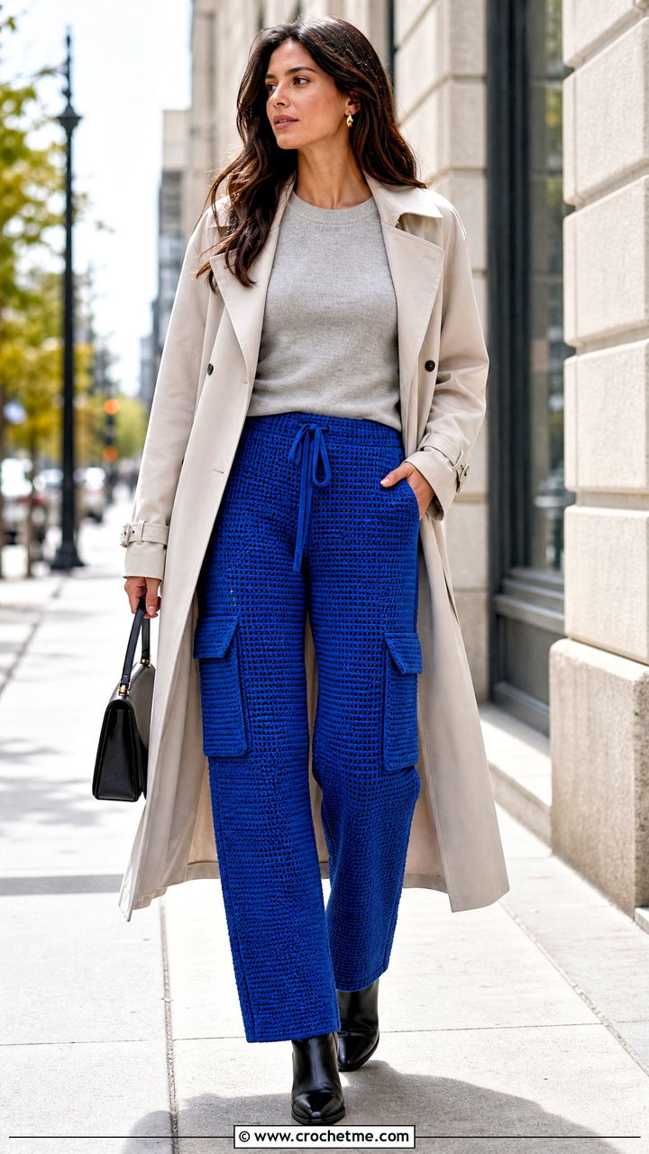 Straight Leg Crochet Cargo Pants With Trench Coat - 35 crochet cargo pants outfit ideas