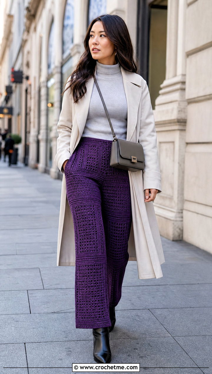 Straight Leg Crochet Long Pants With Trench Coat - 30 Crochet Long Pants outfit ideas