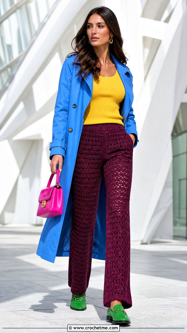 Straight Leg Crochet Pants With Trench Coat - 35 crochet pants outfit ideas