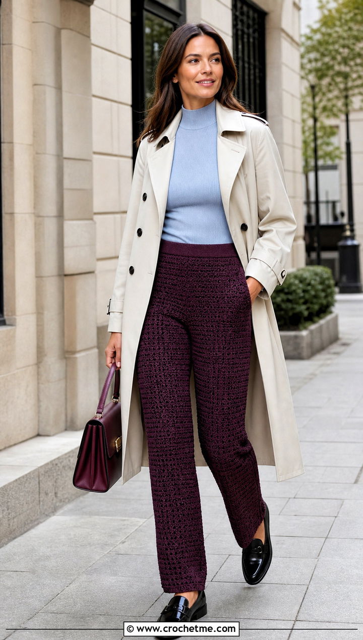 Straight Leg Crochet Pants With Trench Coat - 30 Crochet Pant Outfit ideas