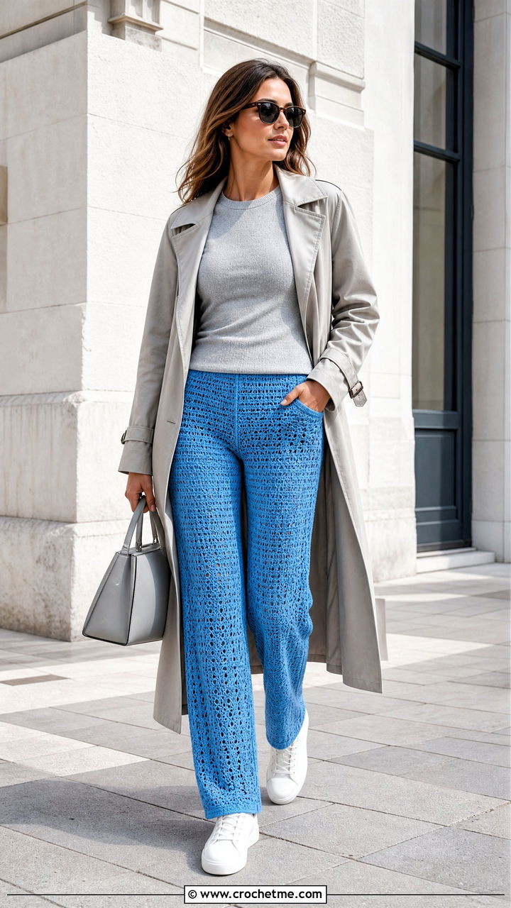 Straight Leg Crochet Trousers With Trench Coat - 35 crochet trousers outfit ideas