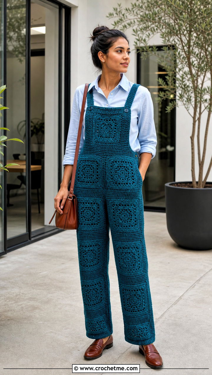 Straight Leg Granny Square Crochet Overalls With Button Down Shirt - 20 Granny Square Crochet Overalls outfit ideas
