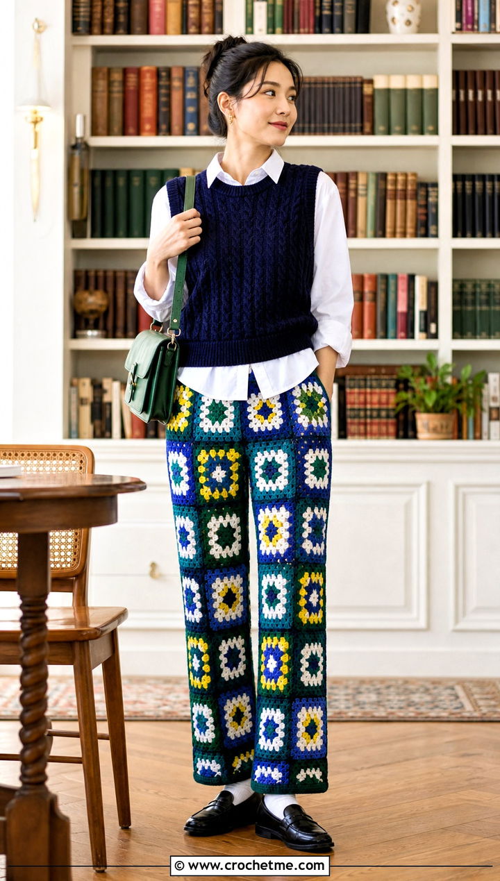 Straight Leg Granny Square Crochet Pants With Sweater Vest - 25 Granny Square Crochet Pants outfit ideas