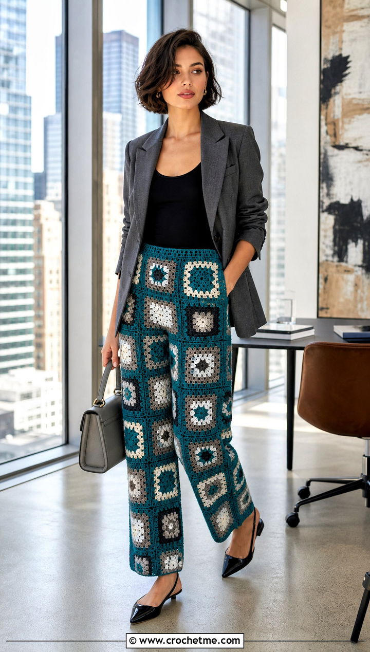 Straight Leg Granny Square Trousers With Tailored Blazer - 35 granny square trousers outfit ideas