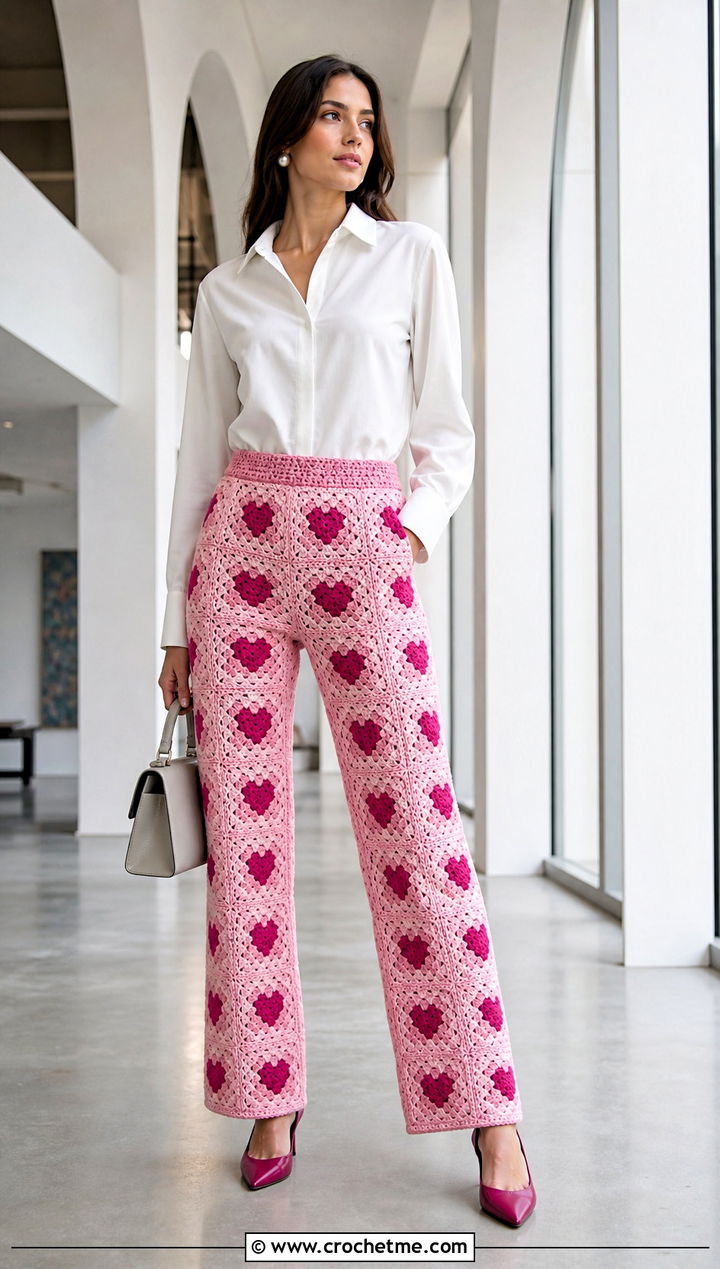 Straight Leg Heart Granny Square Pants With Poplin Blouse - 30 heart granny square pants outfit ideas