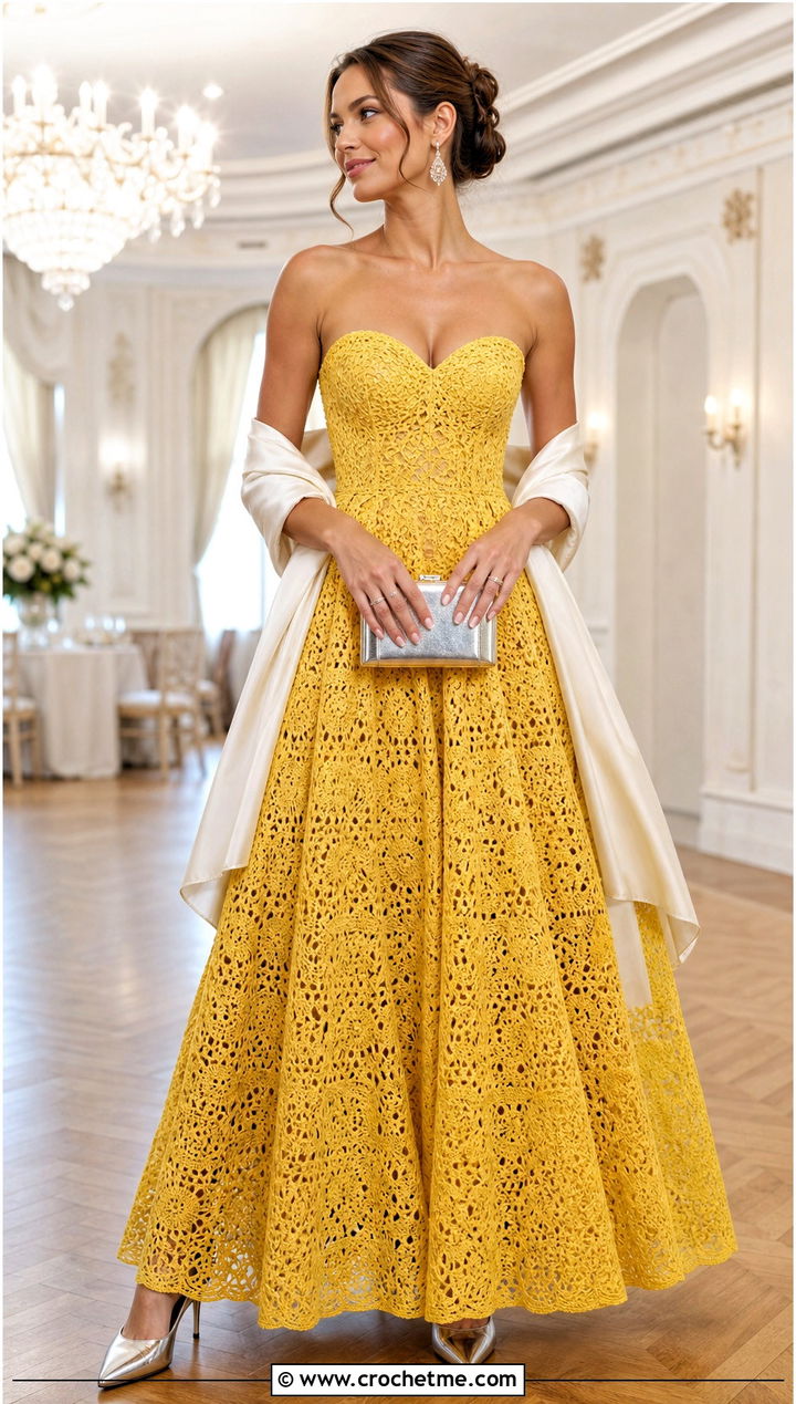 Strapless Crochet Ball Gown With Satin Wrap - 20 Crochet Ball Gown outfit ideas