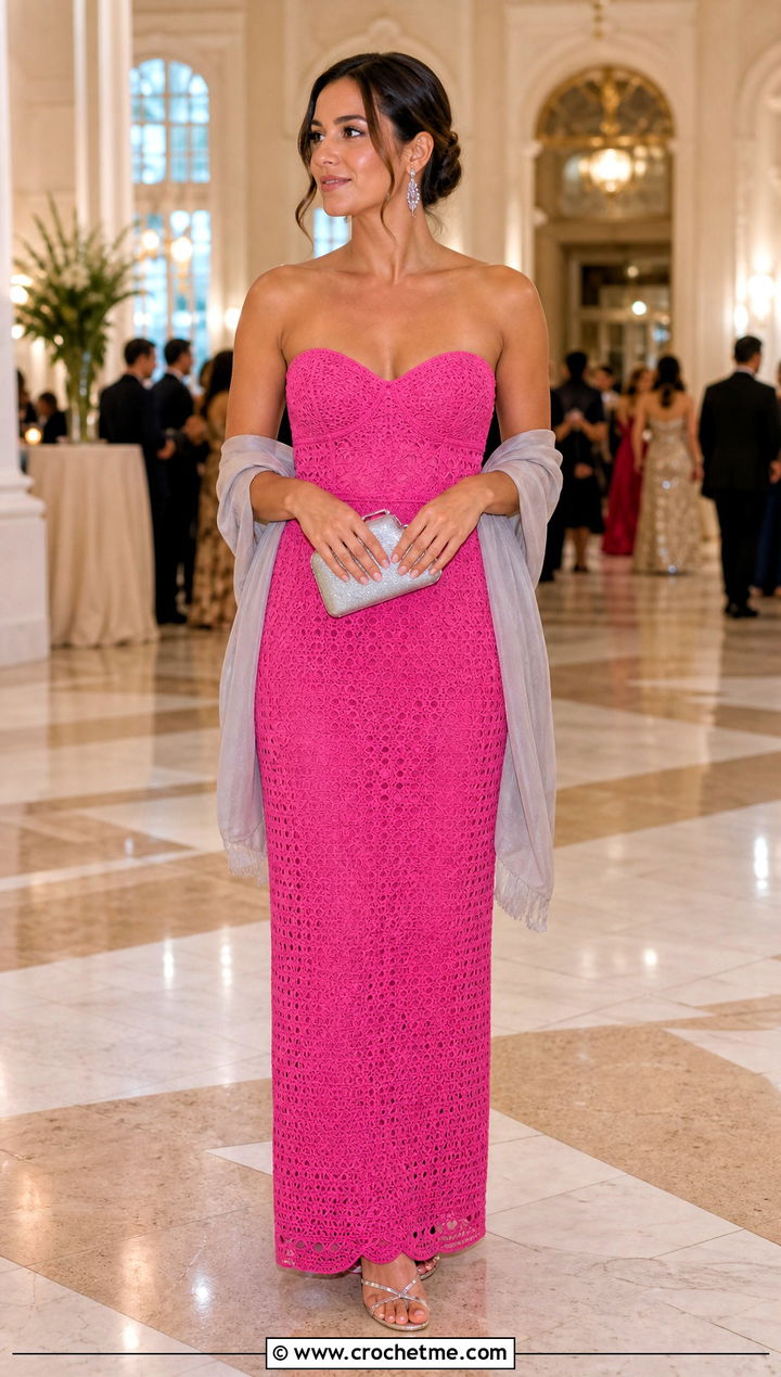 Strapless Crochet Gown With Evening Shawl - 35 Formal Crochet Dress outfit ideas
