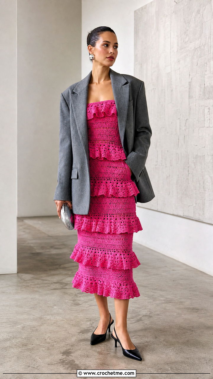Strapless Crochet Ruffle Dress With Oversized Blazer - 35 crochet ruffle dress outfit ideas