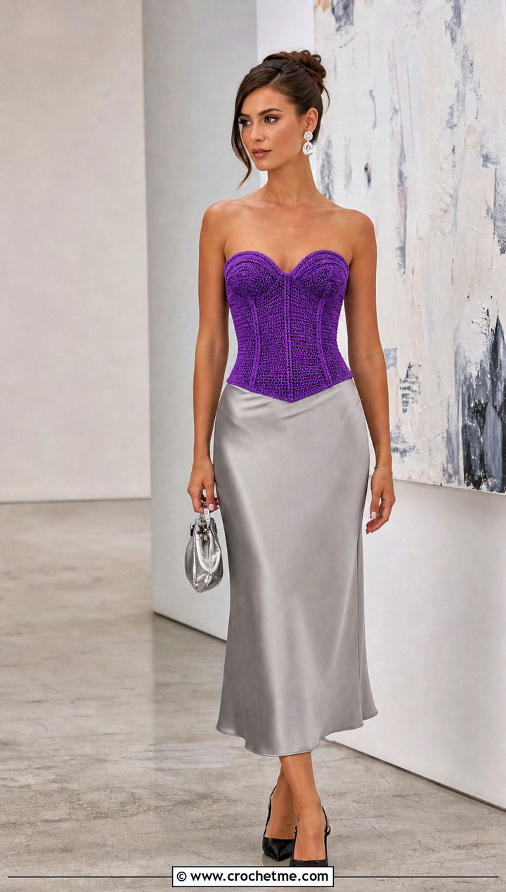 Strapless Crocheted Bustier Corset With A Satin Midi Skirt - 15 Crocheted Corset outfit ideas