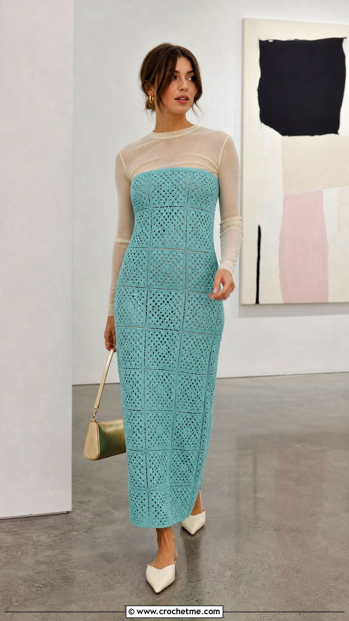 Strapless Granny Square Dress With Mesh Top And Flats - 35 granny square dress outfit ideas