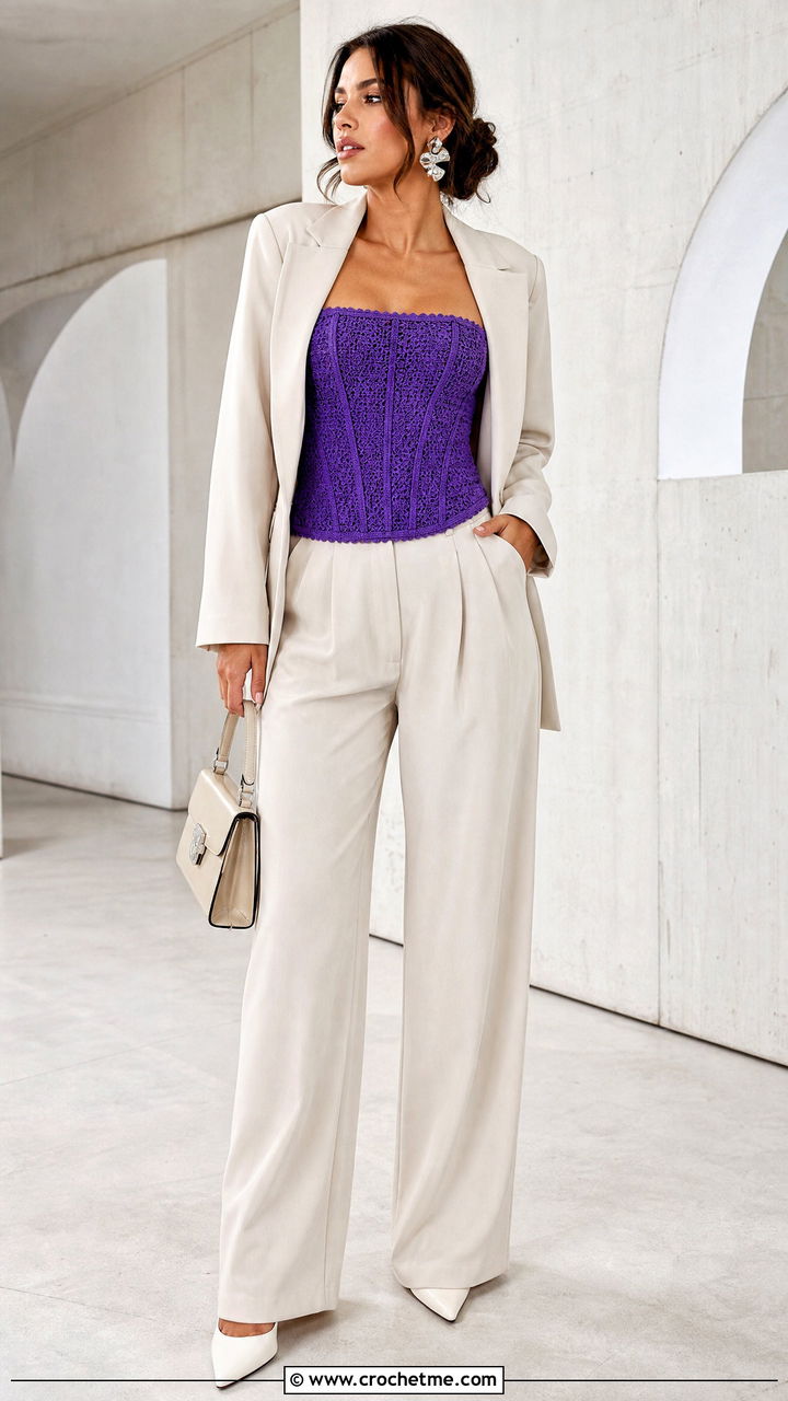 Strapless Longline Crochet Corset Top With Tailored Trousers Strapless Longline Crochet Corset Top With Tailored Trousers