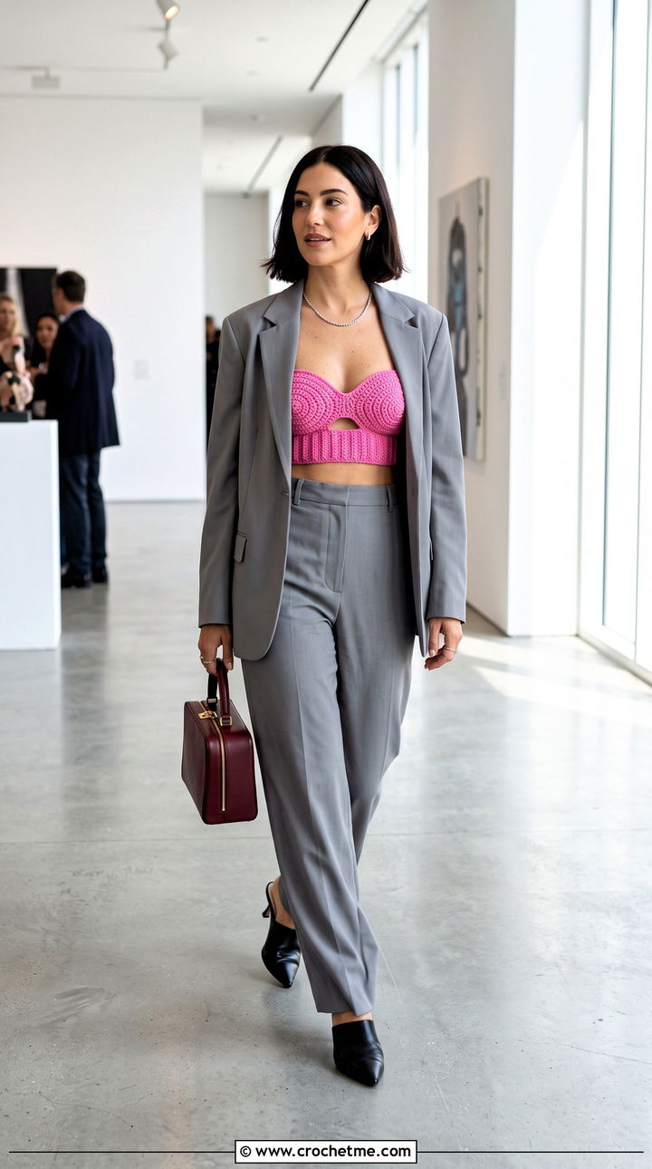 Strapless Shell Bra With Relaxed Suit - 30 crochet shell bra outfit ideas
