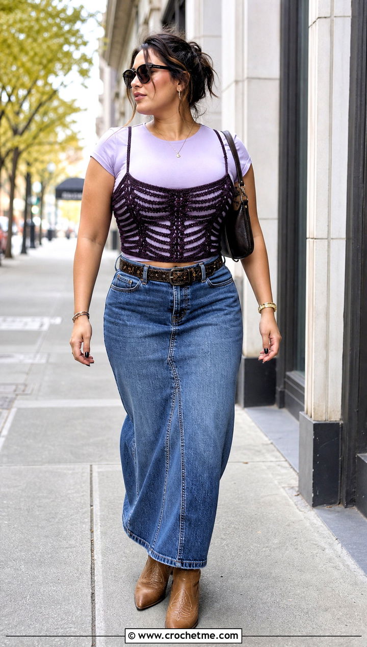 Strappy Crochet Skeleton Corset With Denim Maxi Skirt - 15 crochet skeleton corset outfit ideas