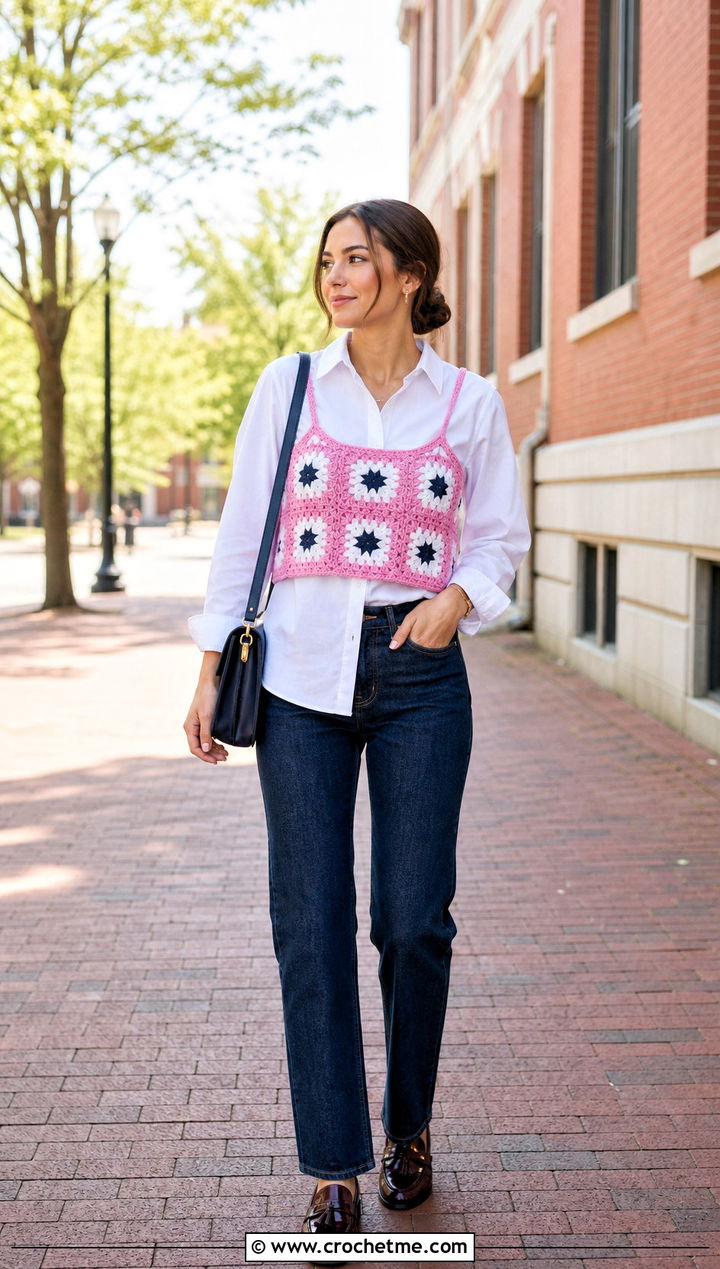 Strappy Granny Square Crochet Crop Top Over A White Shirt - 30 granny square crochet crop top outfit ideas