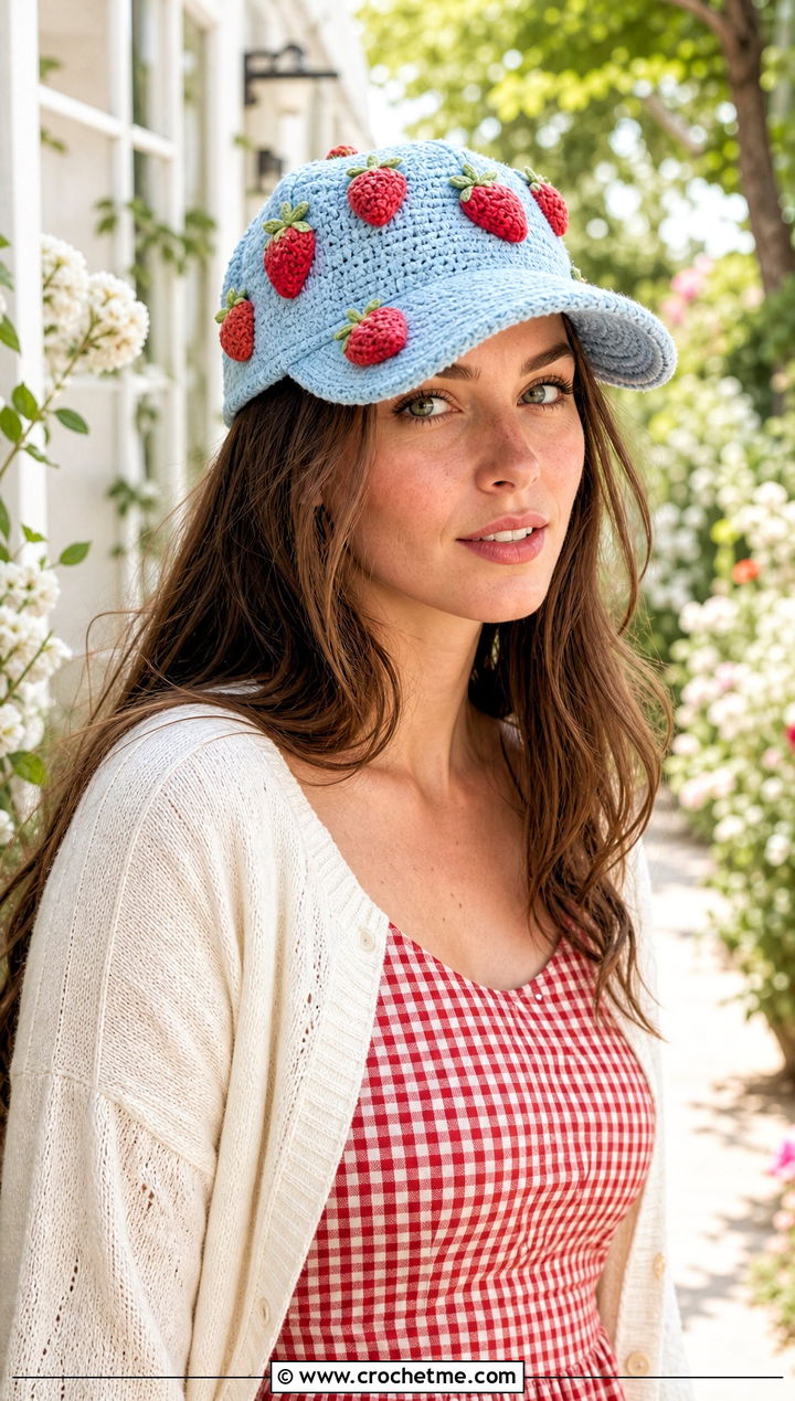 Strawberry Amigurumi Baseball Cap With Gingham Dress - 25 amigurumi baseball cap outfit ideas