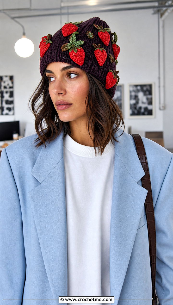 Strawberry Applique Beanie With Oversized Blazer - 30 Crochet Strawberry Beanie outfit ideas