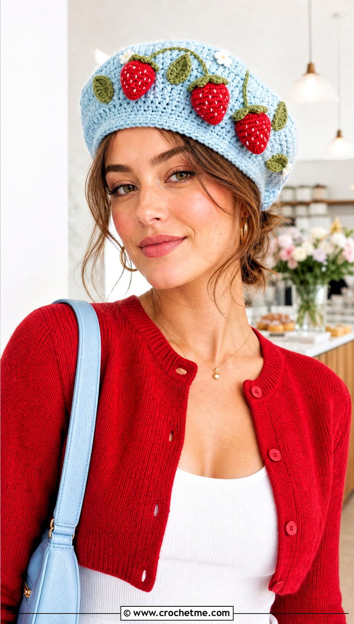 Strawberry Applique Crochet Beret With Cardigan - 25 strawberry crochet beret outfit ideas