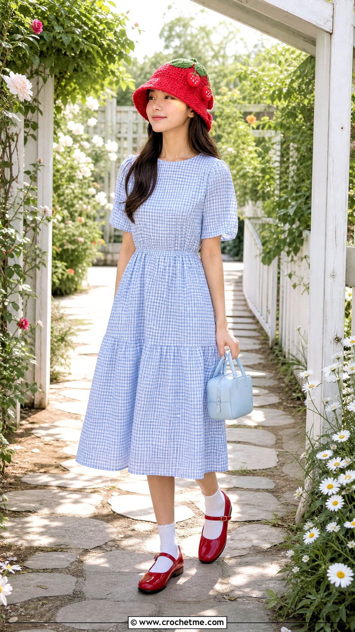Strawberry Applique Crochet Bucket Hat With Gingham Dress - 35 crochet bucket hats outfit ideas