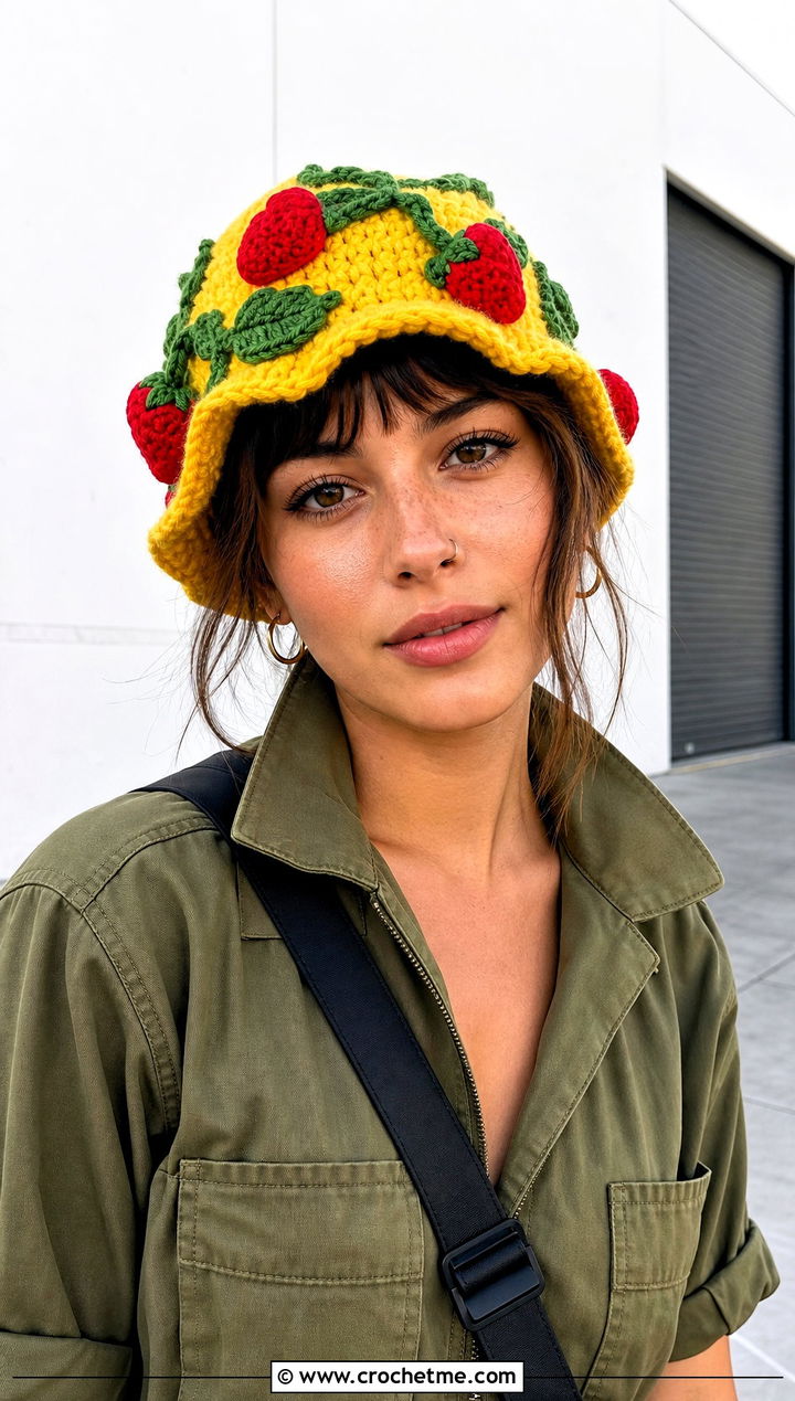 Strawberry Applique Crochet Hat With Utility Jumpsuit - 30 strawberry crochet hat outfit ideas