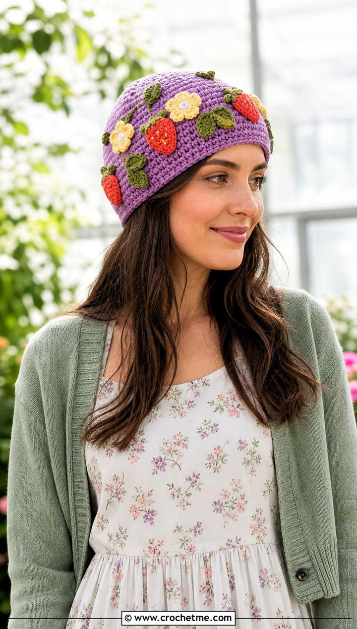 Strawberry Blossom Beanie With Floral Midi Dress - 30 Crochet Strawberry Beanie outfit ideas