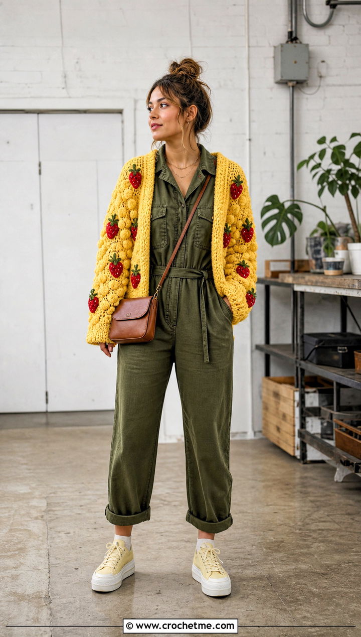 Strawberry Bobble Cardigan With Utility Jumpsuit - 35 crochet strawberry cardigan outfit ideas