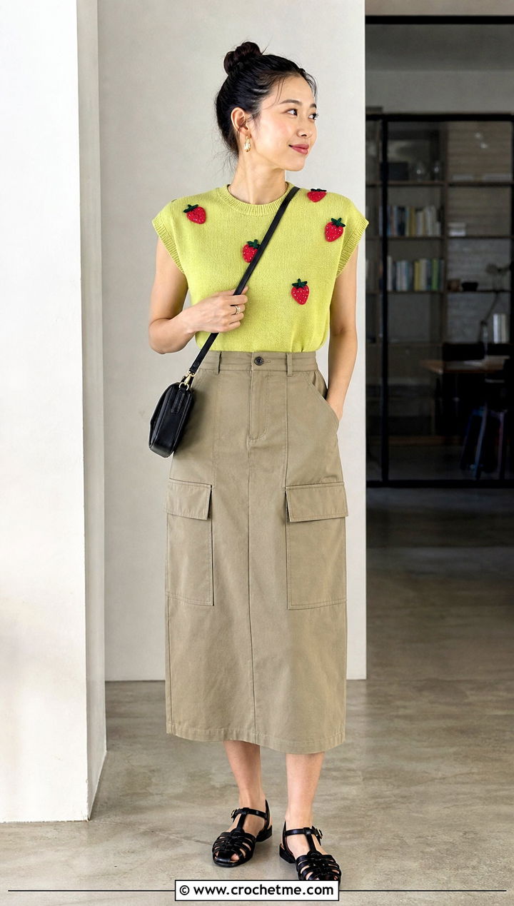 Strawberry Cap Sleeve Top With Utility Skirt - 25 Crochet Strawberry Top outfit ideas
