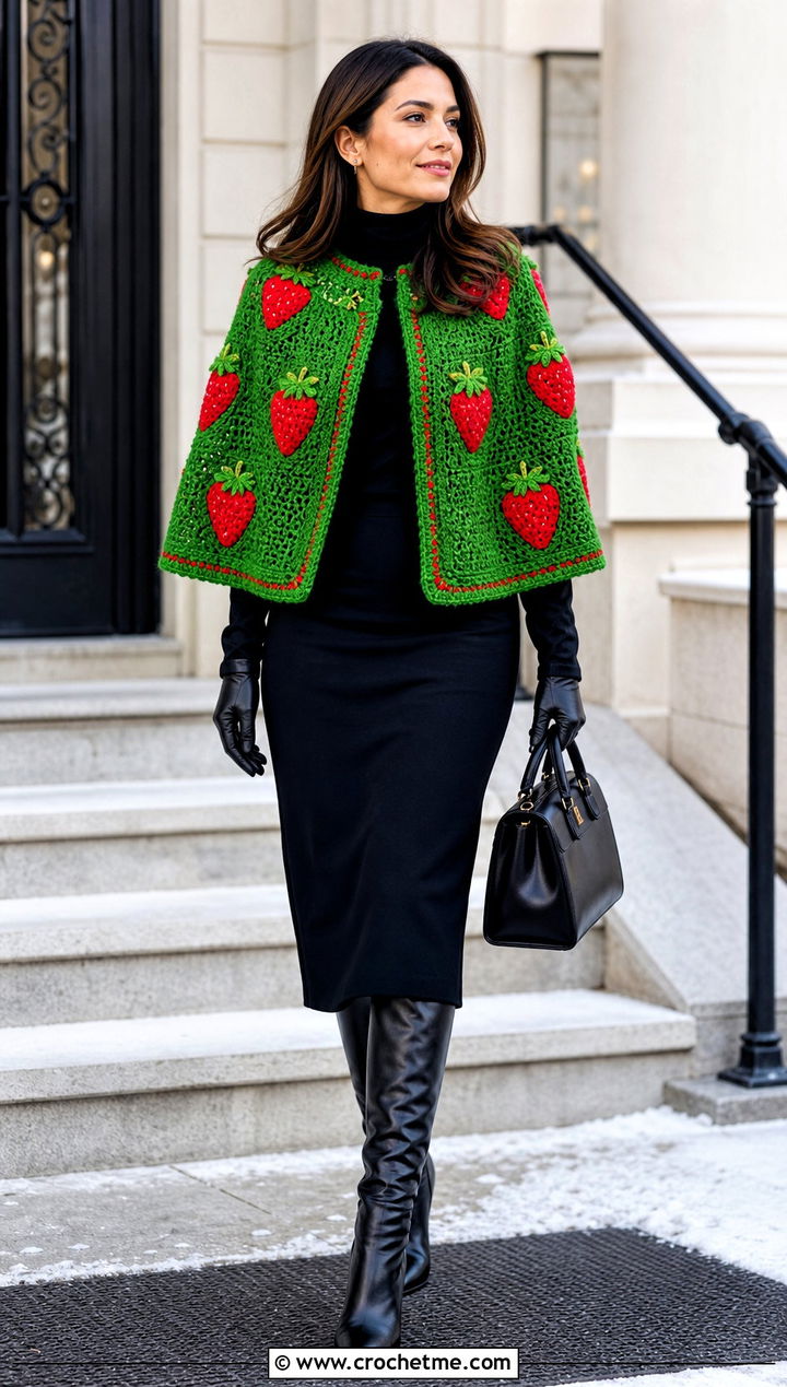 Strawberry Cape Cardigan With Turtleneck And Midi Skirt - 35 crochet strawberry cardigan outfit ideas