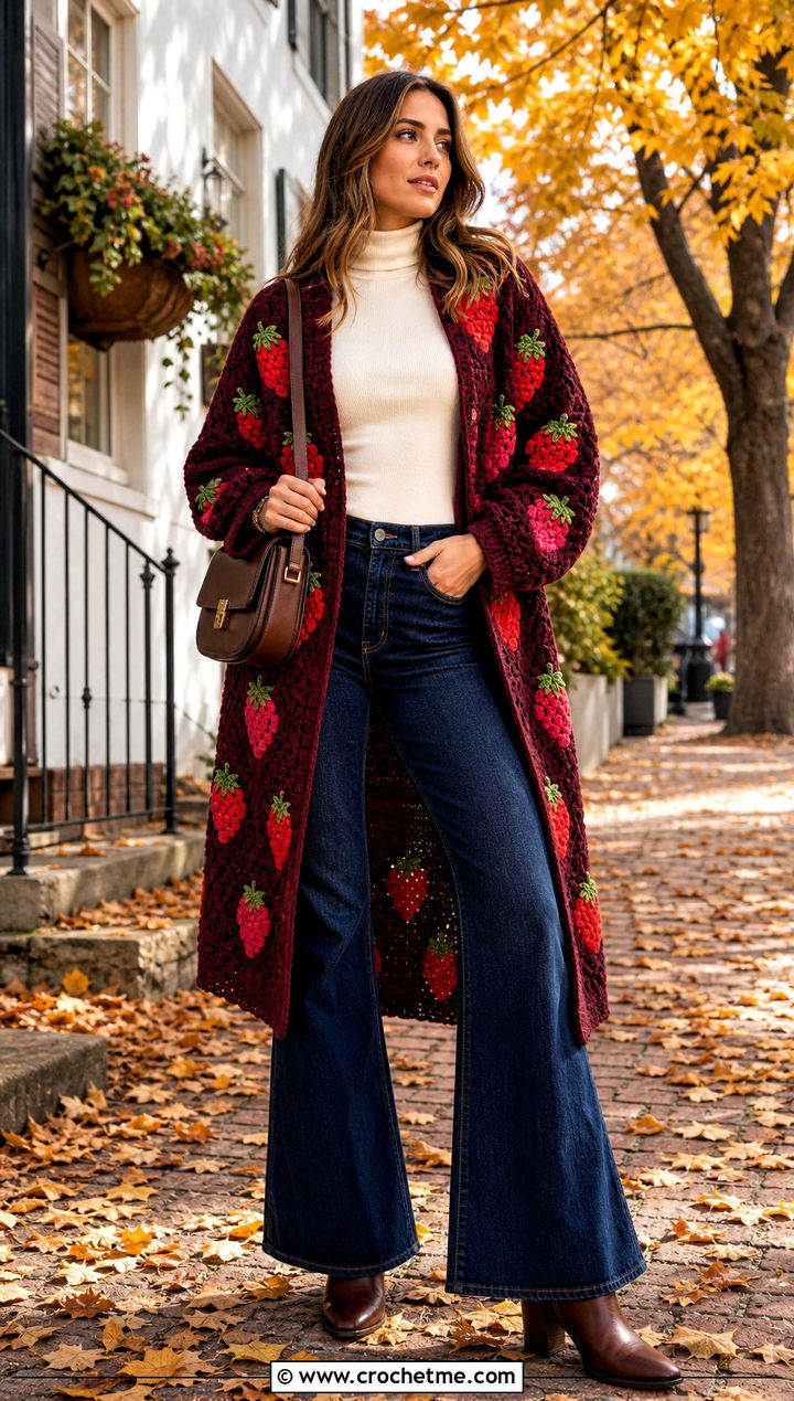 Strawberry Cardigan Coat With Flared Jeans - 35 crochet strawberry cardigan outfit ideas