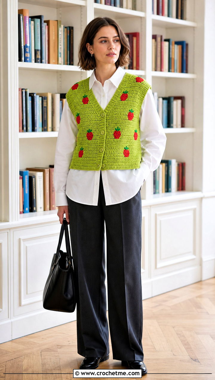 Strawberry Cardigan Vest With Poplin Shirt And Trousers - 35 crochet strawberry cardigan outfit ideas