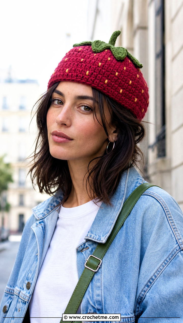 Strawberry Crochet Beanie With Denim Jacket - 30 crochet fruit beanie outfit ideas