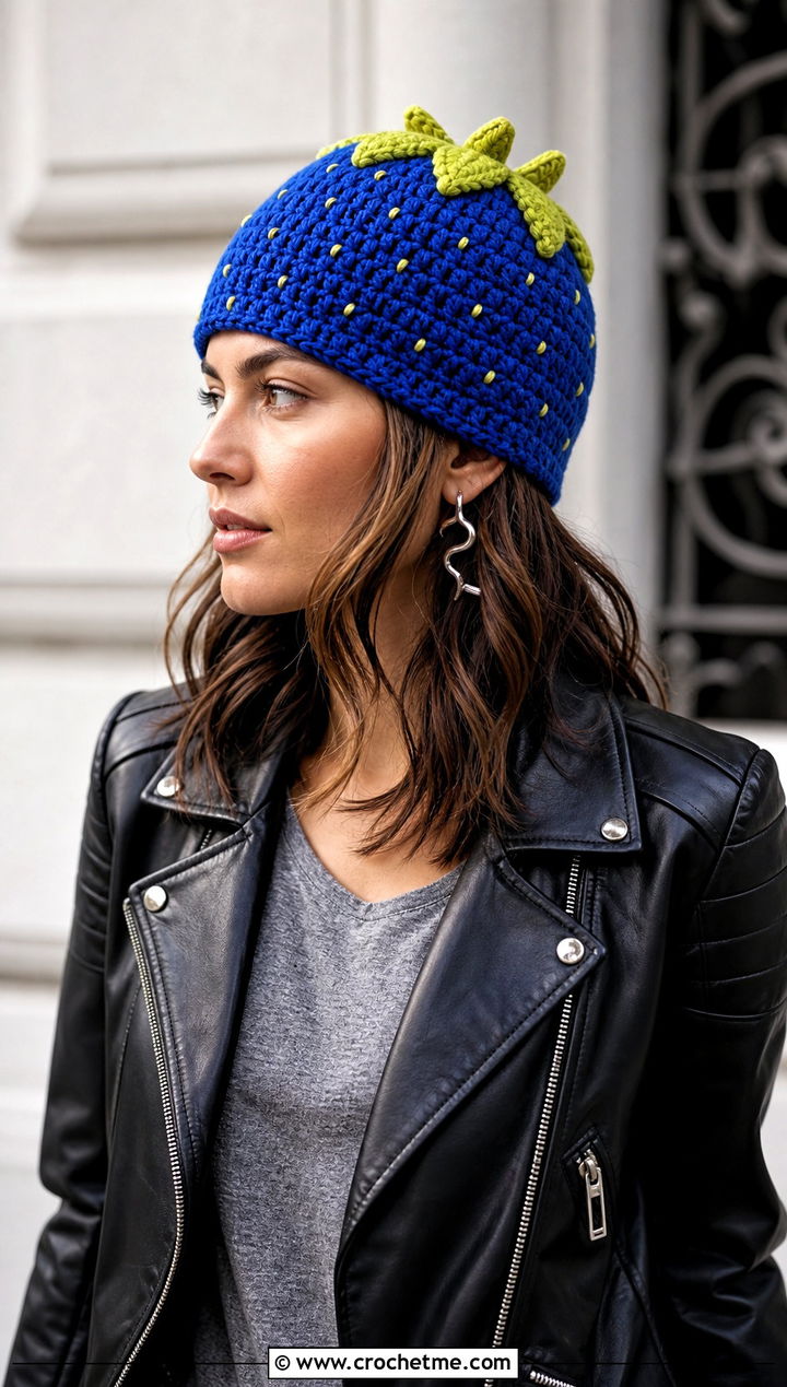 Strawberry Crochet Beanie With Leather Jacket - 30 strawberry crochet hat outfit ideas