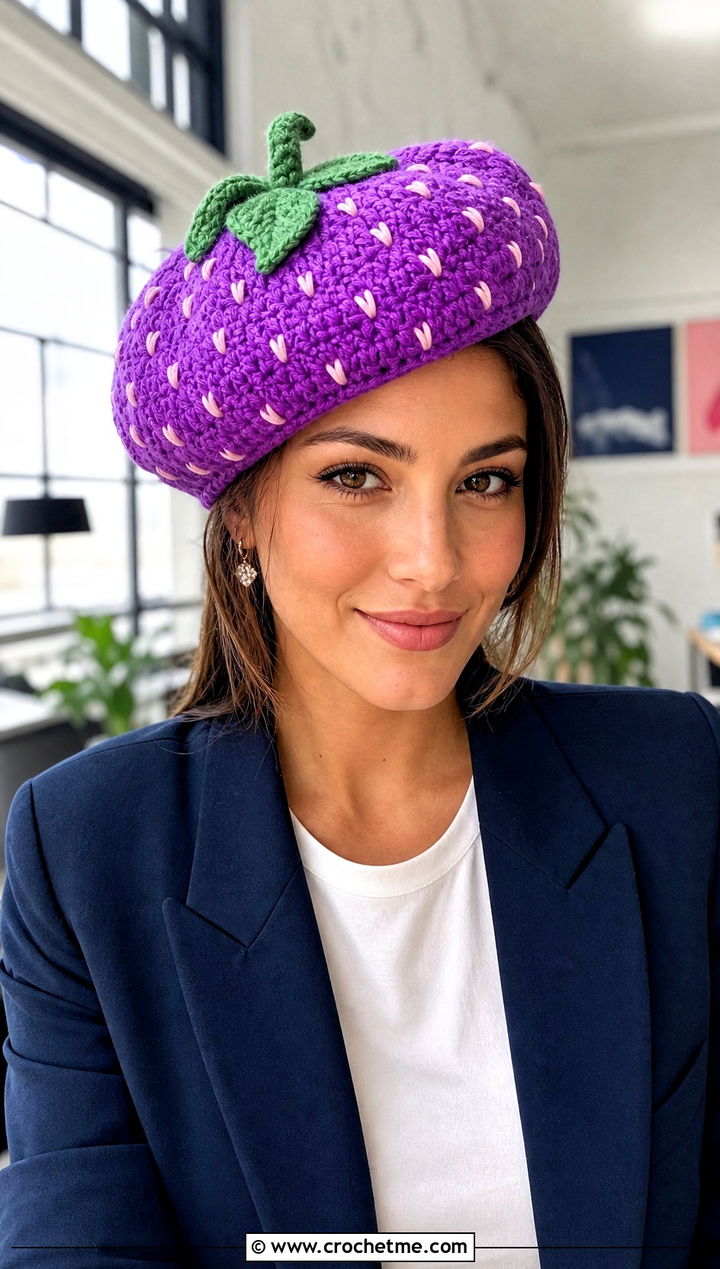Strawberry Crochet Beret With Blazer And Trousers - 30 strawberry crochet hat outfit ideas