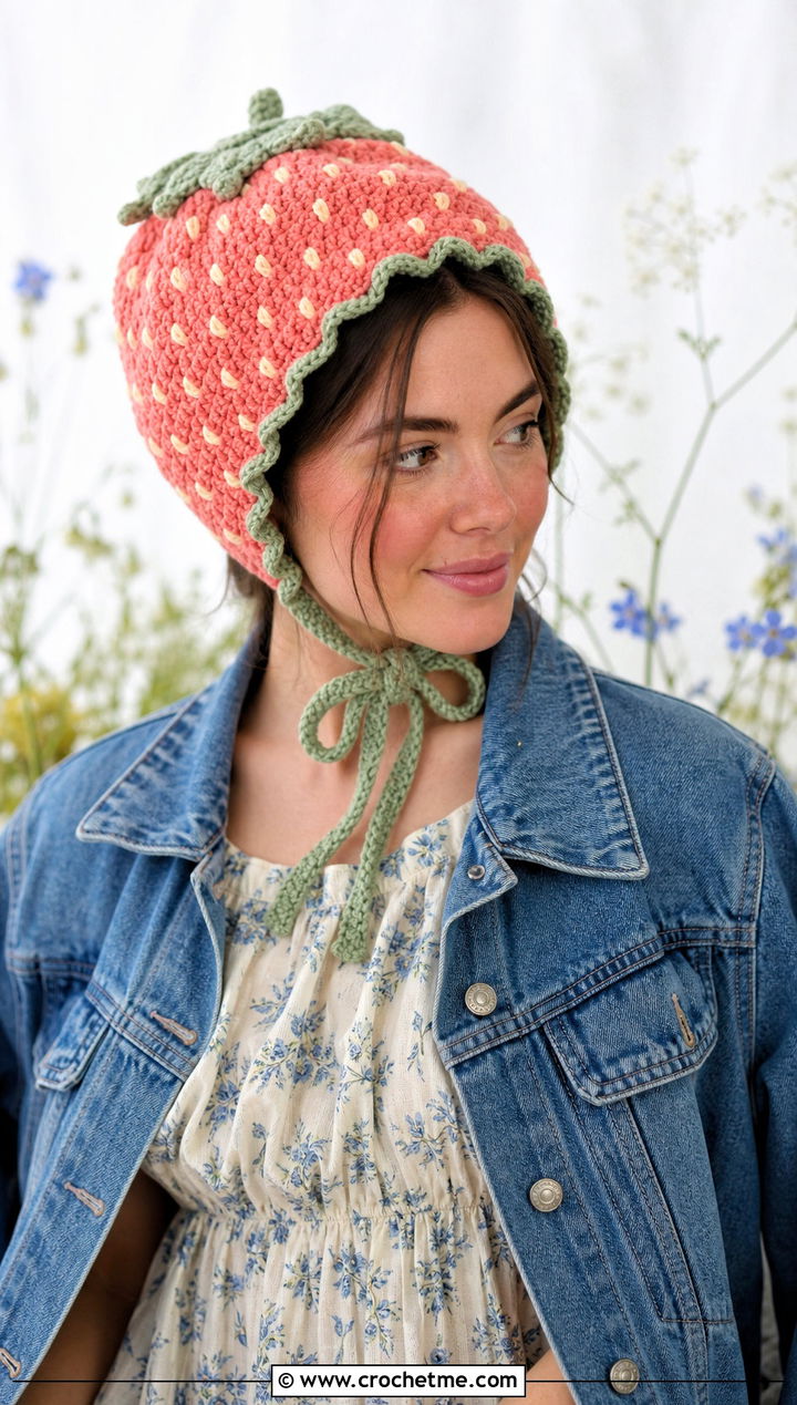 Strawberry Crochet Bonnet With Prairie Dress - 30 strawberry crochet hat outfit ideas