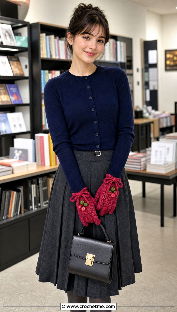 Strawberry Crochet Bow Gloves With Pleated Skirt - 25 Strawberry Crochet Gloves outfit ideas