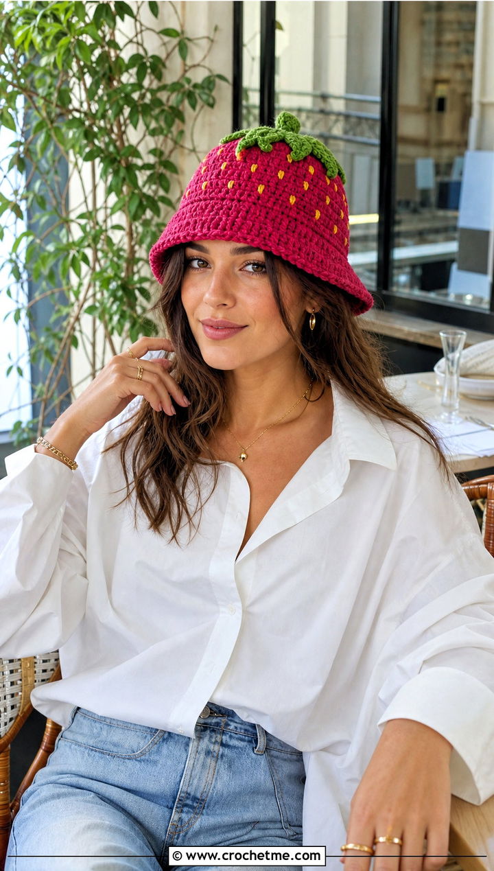Strawberry Crochet Bucket Hat With A White Shirt - 30 funny crochet hat outfit ideas