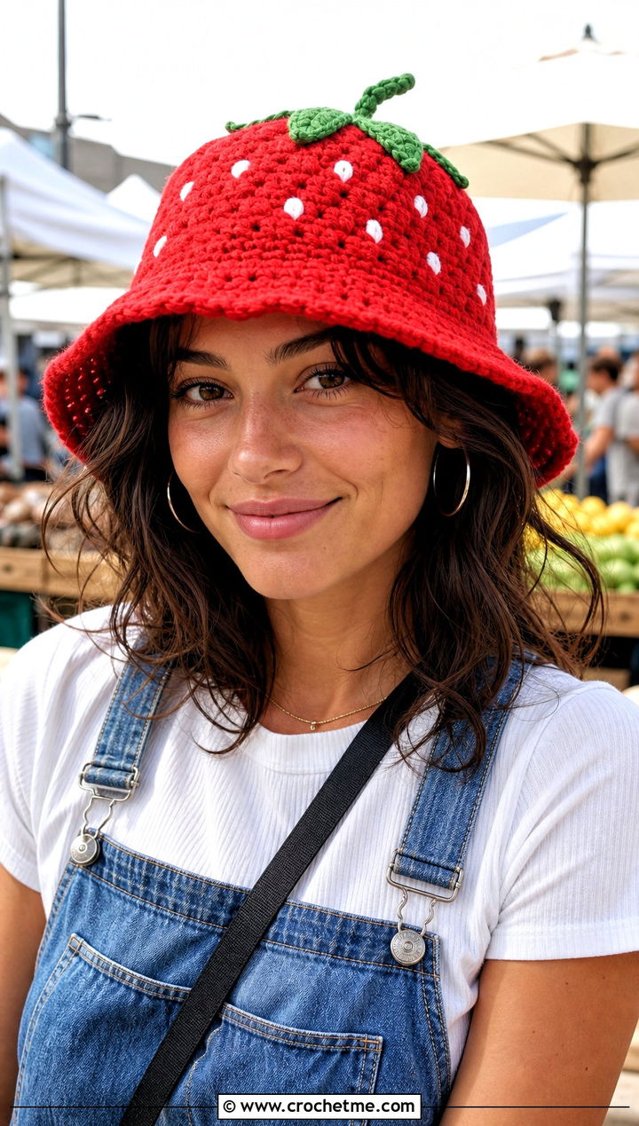 Strawberry Crochet Bucket Hat With Denim Overalls - 30 strawberry crochet hat outfit ideas