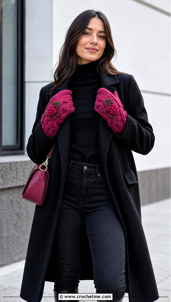 Strawberry Crochet Cable Gloves With Monochrome Outfit - 25 Strawberry Crochet Gloves outfit ideas
