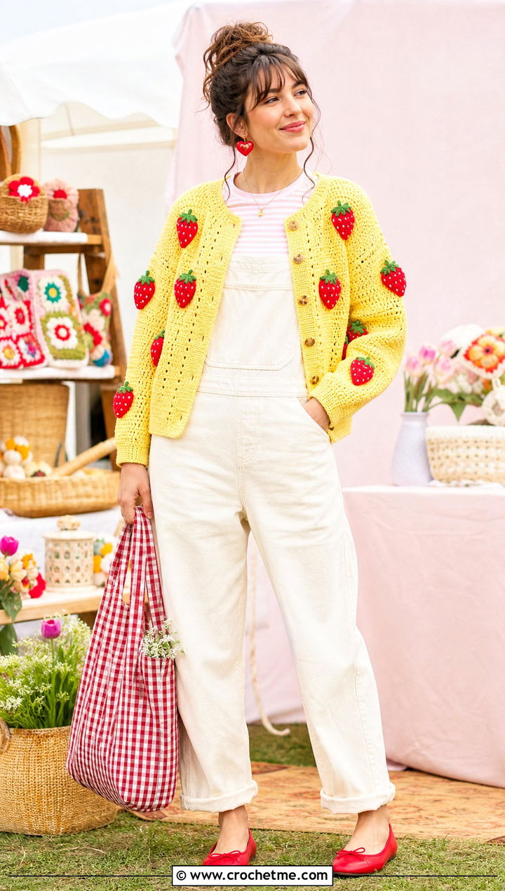 Strawberry Crochet Cardigan With White Overalls - 25 kawaii crochet cardigan outfit ideas
