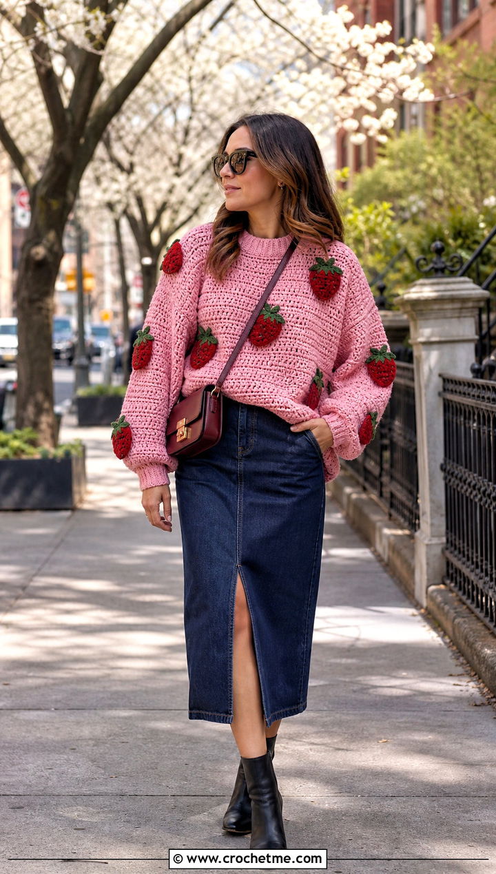 Strawberry Crochet Character Sweater With Denim Midi Skirt - 20 Crochet Character Sweater outfit ideas