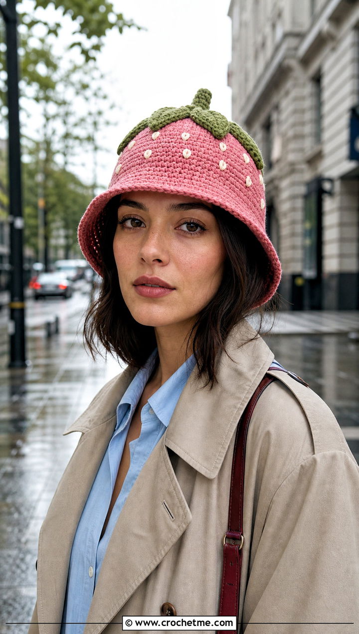 Strawberry Crochet Cloche Hat With Trench Coat - 30 strawberry crochet hat outfit ideas