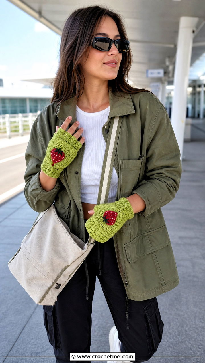 Strawberry Crochet Convertible Gloves With Utility Jacket - 25 Strawberry Crochet Gloves outfit ideas