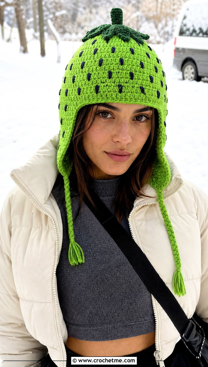 Strawberry Crochet Earflap Hat With Puffer Jacket - 30 strawberry crochet hat outfit ideas