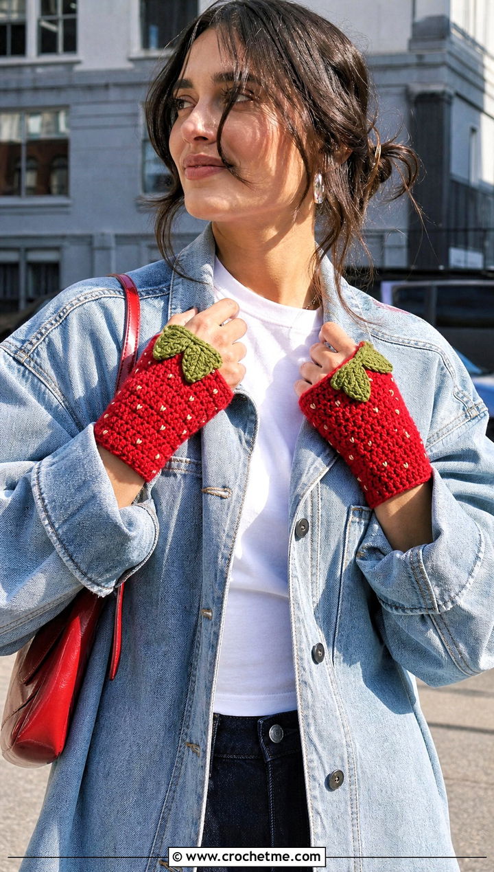 Strawberry Crochet Fingerless Gloves With Denim Jacket - 25 Strawberry Crochet Gloves outfit ideas